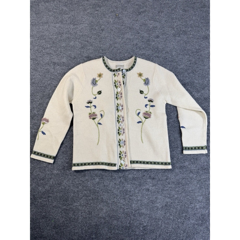 Coldwater Creek Ivory Floral Embroidered Knit Cardigan Sweater 100% Wool L Women - Picture 1 of 11